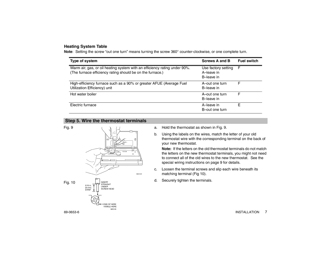 Honeywell CT3200 warranty Wire the thermostat terminals, Heating System Table, Type of system Screws a and B Fuel switch 