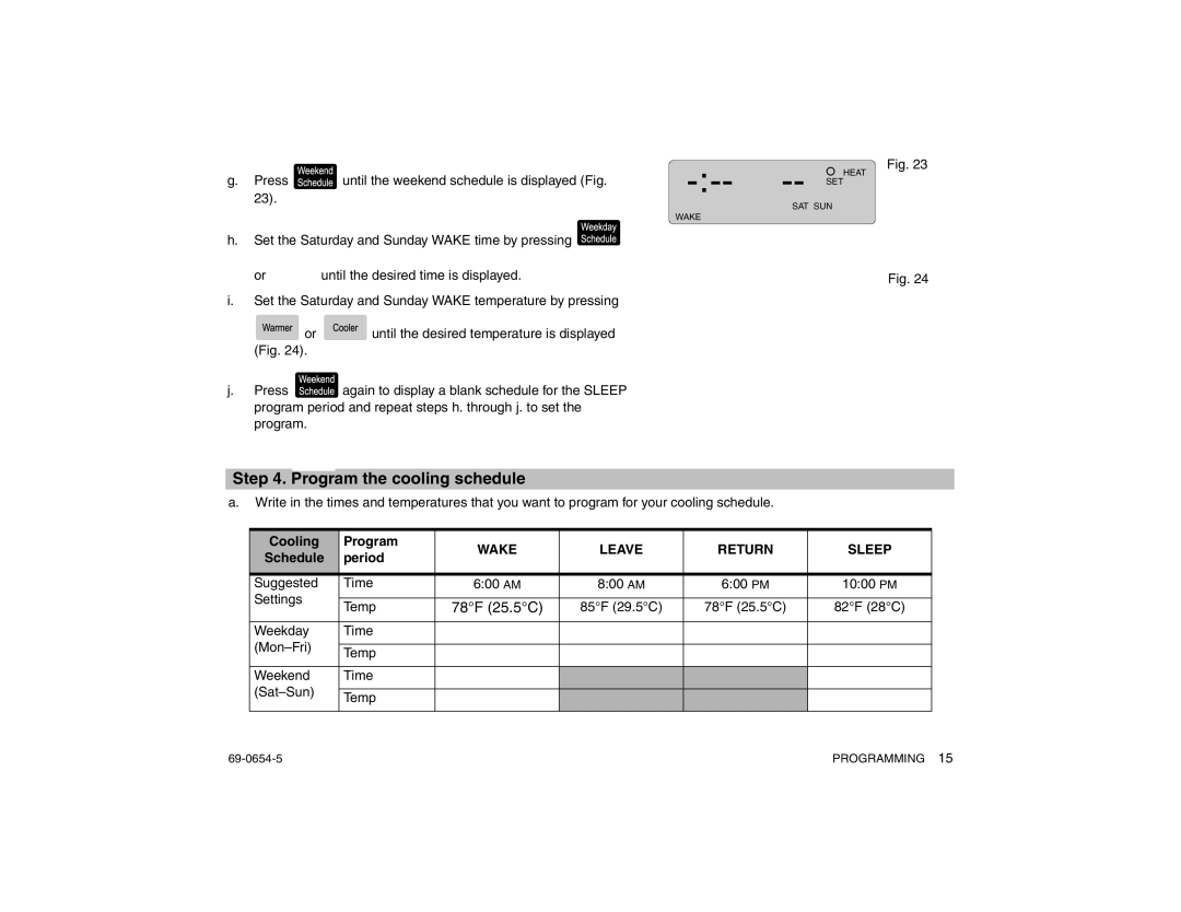 Honeywell CT3300 warranty Program the cooling schedule, Cooling Program 