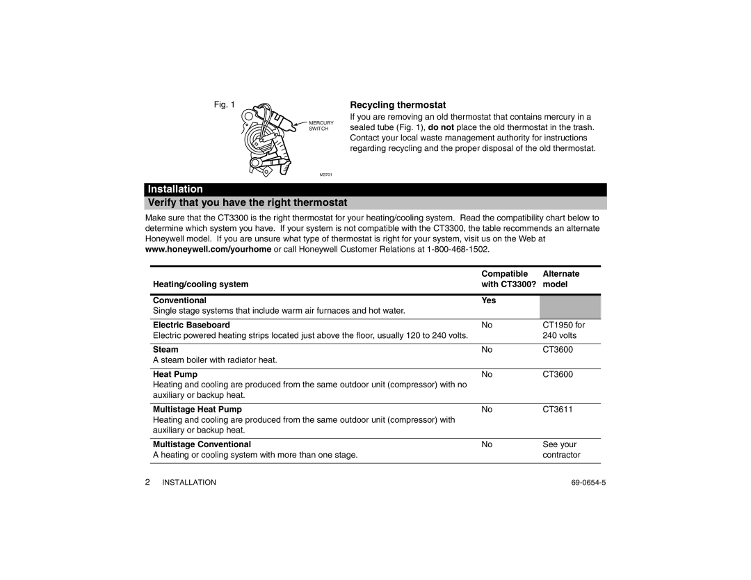 Honeywell CT3300 warranty Installation, Verify that you have the right thermostat, Recycling thermostat 