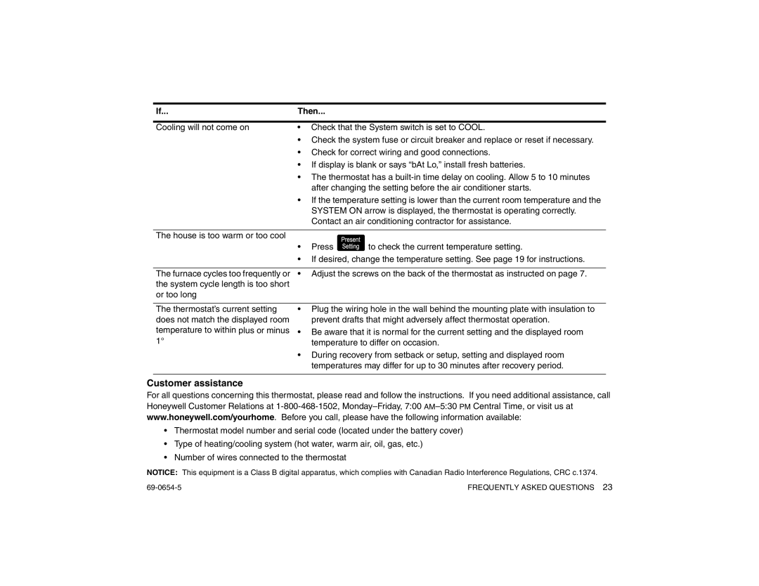 Honeywell CT3300 warranty Customer assistance 