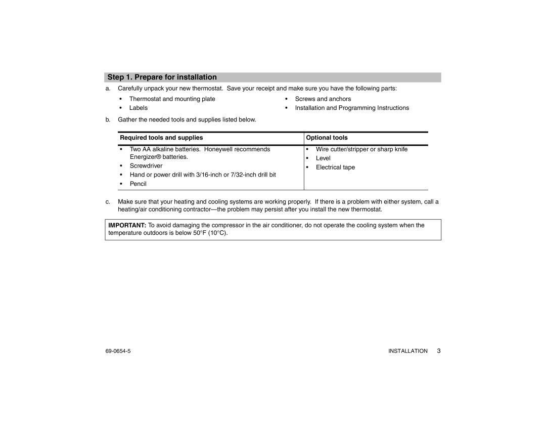 Honeywell CT3300 warranty Prepare for installation, Required tools and supplies Optional tools 