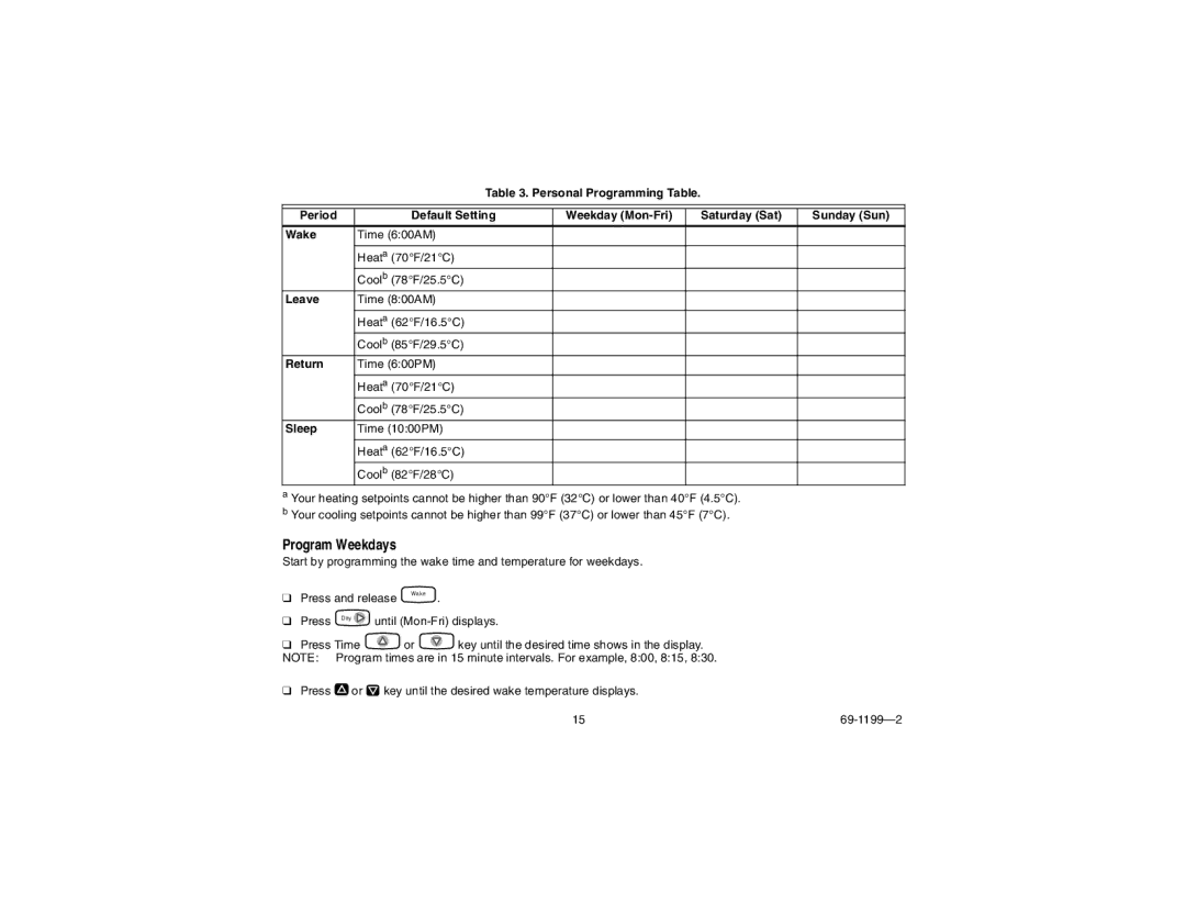 Honeywell CT3500/CT3595 manual Program Weekdays, Leave, Return, Sleep 