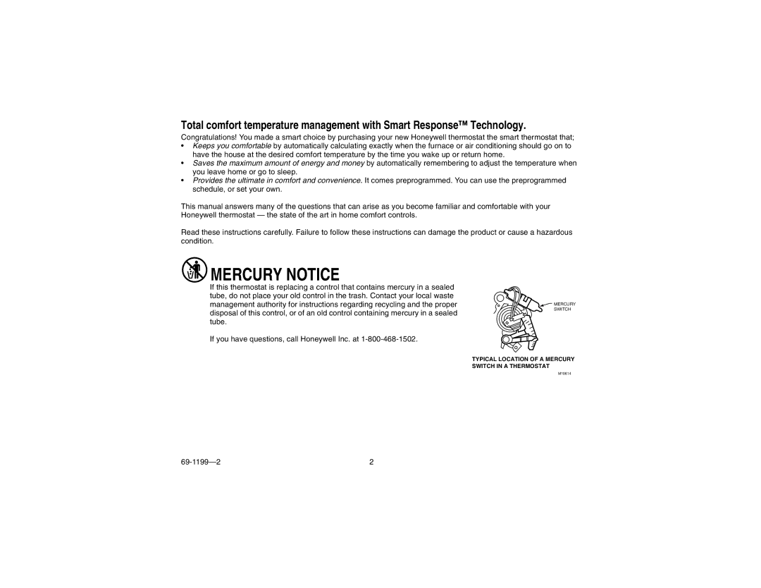 Honeywell CT3500/CT3595 manual Mercury Notice, 69-1199-2 