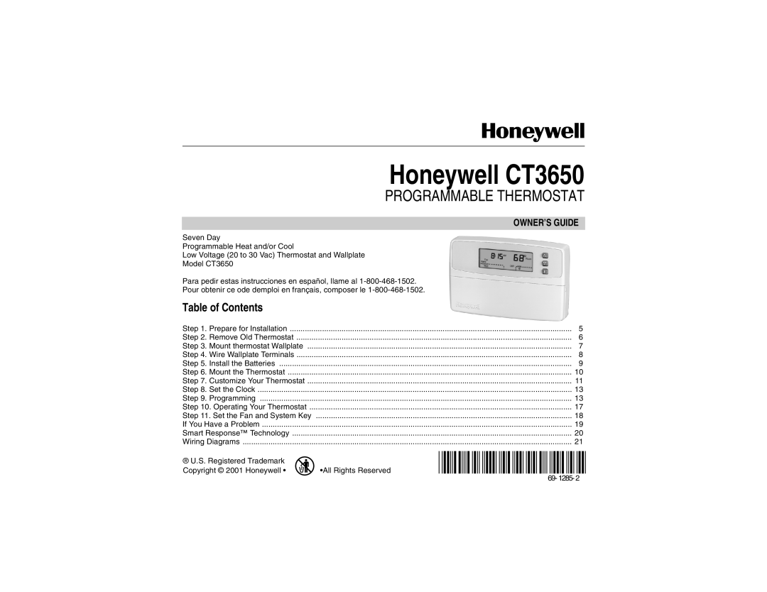 Honeywell manual Table of Contents, Owner’S Guide, Honeywell CT3650, Programmable Thermostat 