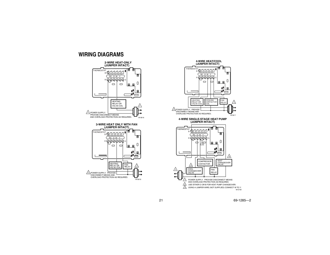 Honeywell CT3650 manual Wiring Diagrams, 69-1285-2, Wire Heat-Only, Wire Heat Only With Fan Jumper Intact 