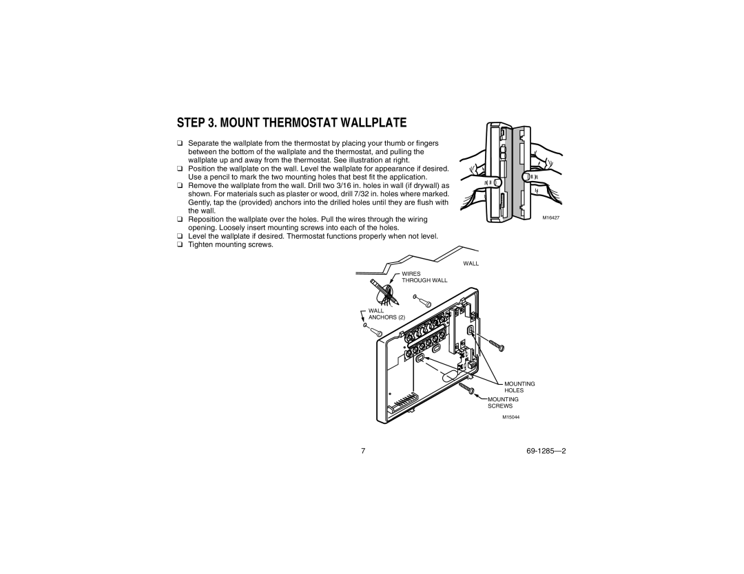 Honeywell CT3650 manual Mount Thermostat Wallplate 