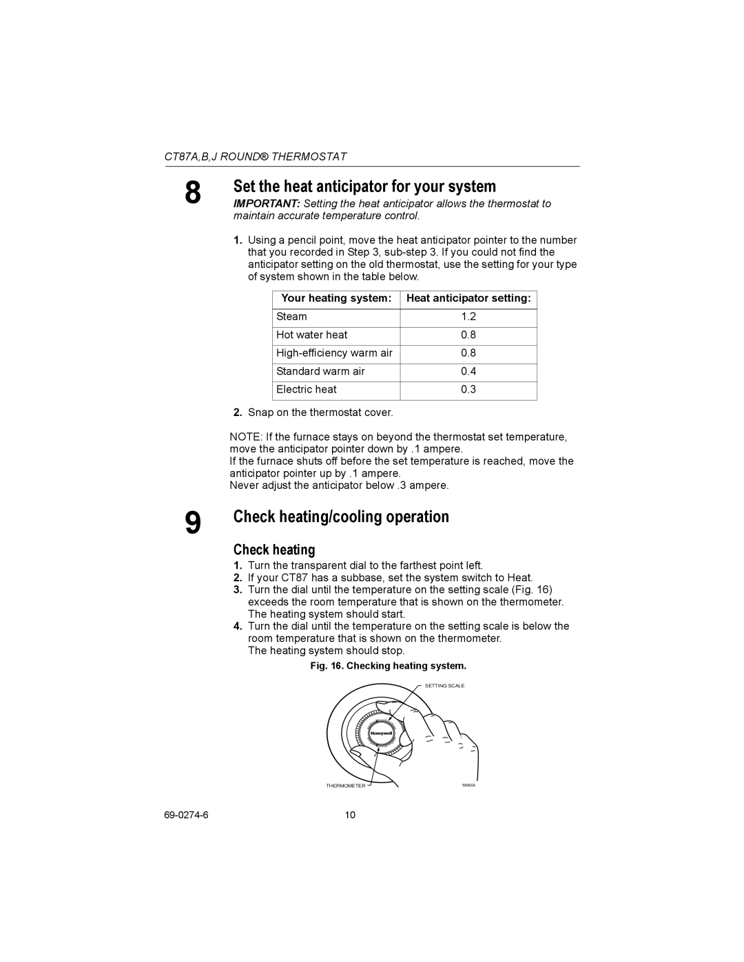 Honeywell CT87A installation instructions Set the heat anticipator for your system, Check heating/cooling operation 