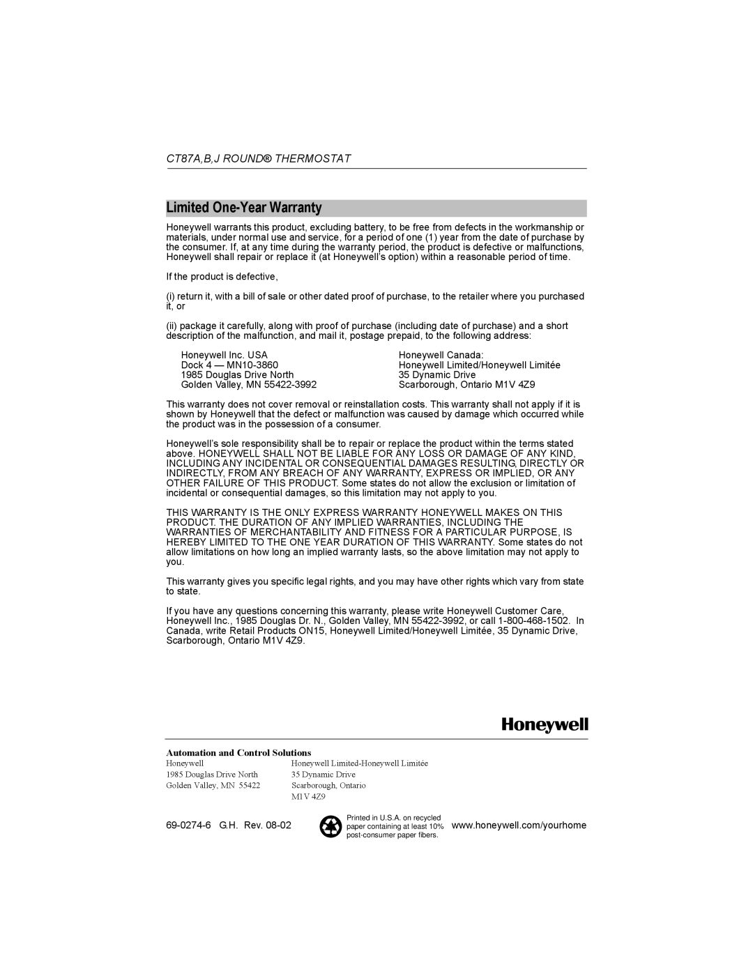 Honeywell CT87A installation instructions Limited One-Year Warranty, Automation and Control Solutions 