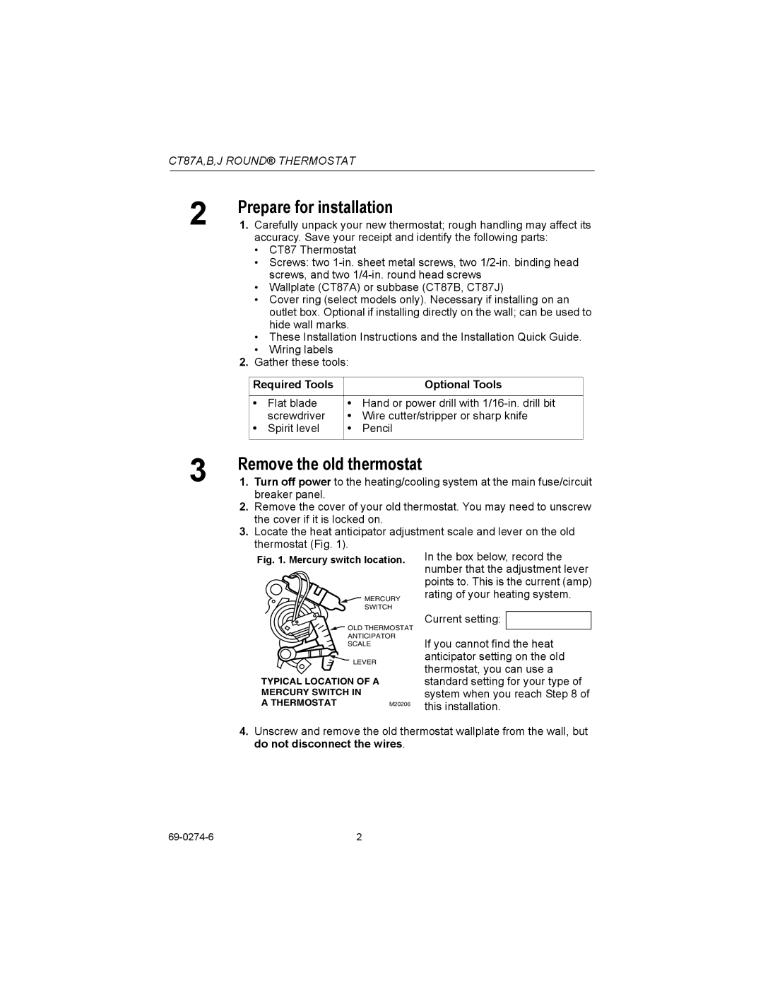 Honeywell CT87A Prepare for installation, Remove the old thermostat, Required Tools Optional Tools 