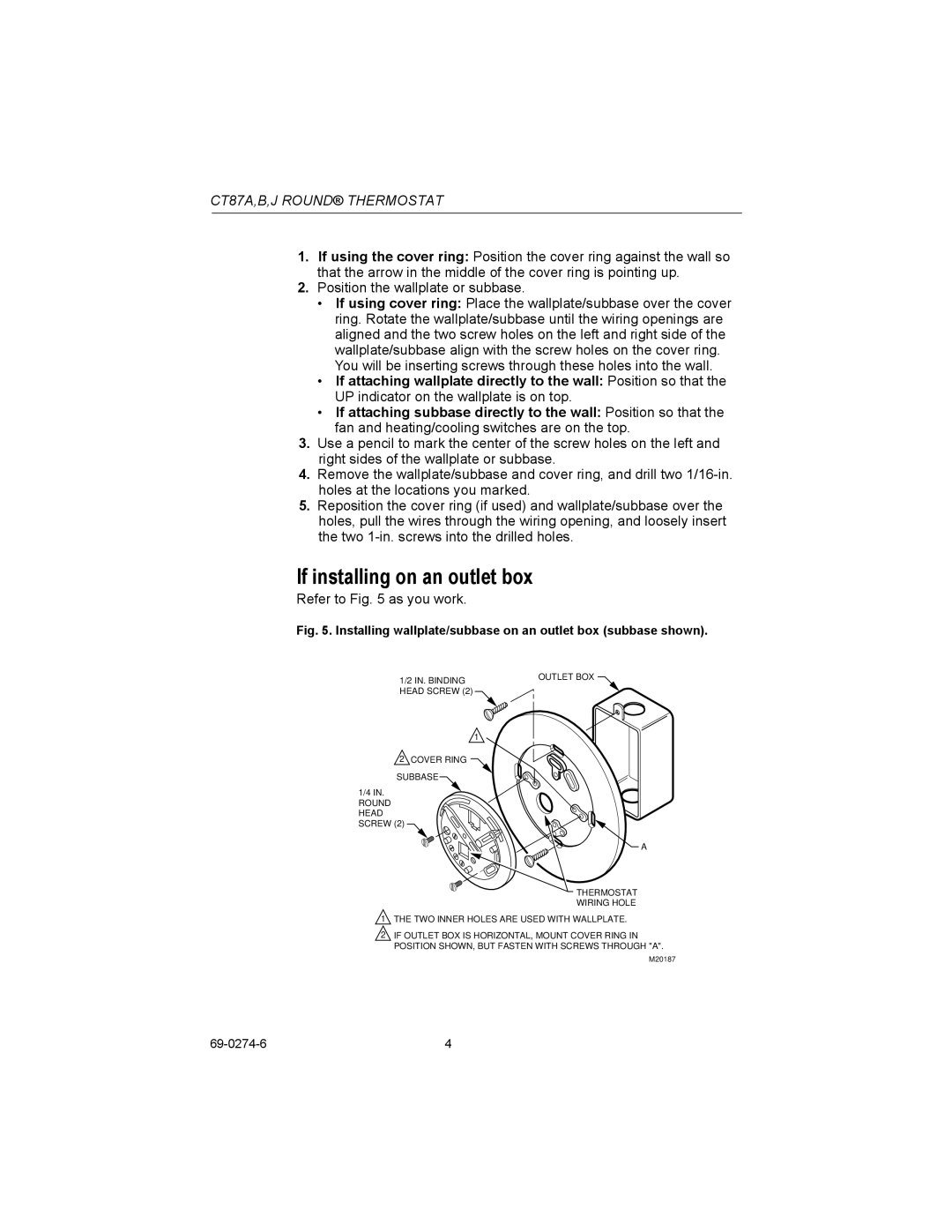 Honeywell CT87A If installing on an outlet box, Installing wallplate/subbase on an outlet box subbase shown 