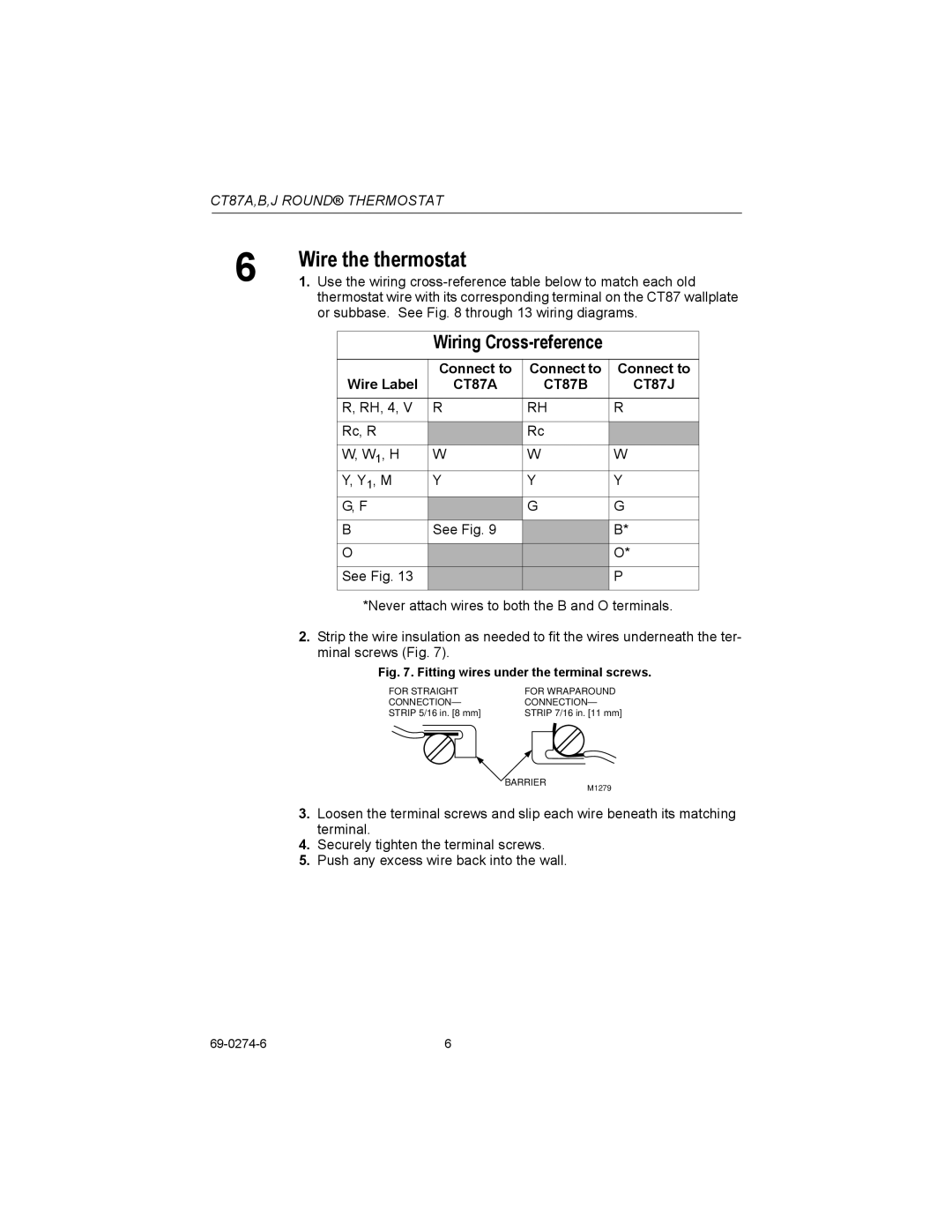 Honeywell CT87A installation instructions Wire the thermostat, Wiring Cross-reference, Wire Label Connect to 