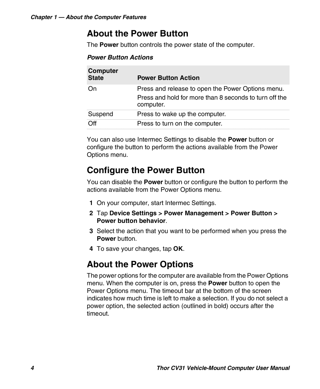 Honeywell CV31 About the Power Button, Configure the Power Button, About the Power Options, Power Button Actions 