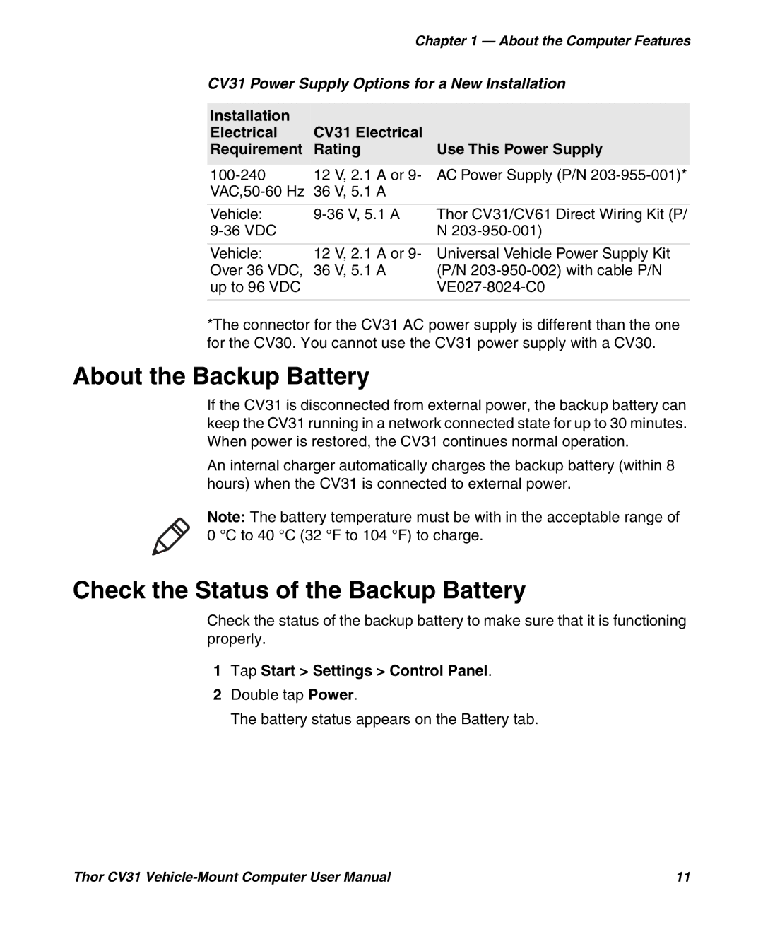 Honeywell CV31 About the Backup Battery, Check the Status of the Backup Battery, Tap Start Settings Control Panel 