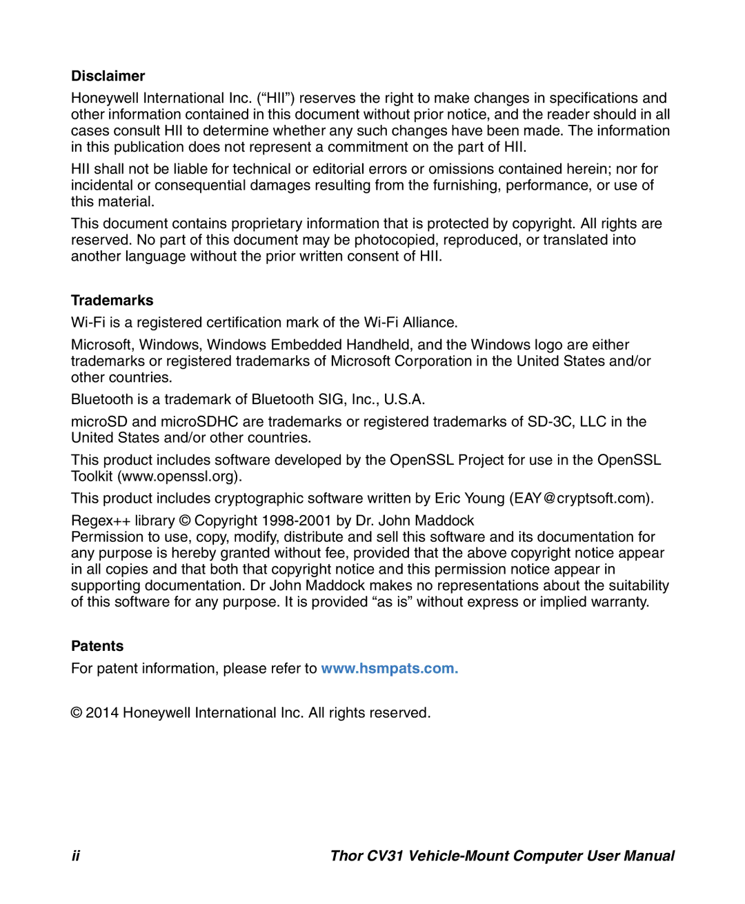 Honeywell CV31 user manual Disclaimer, Trademarks, Patents 