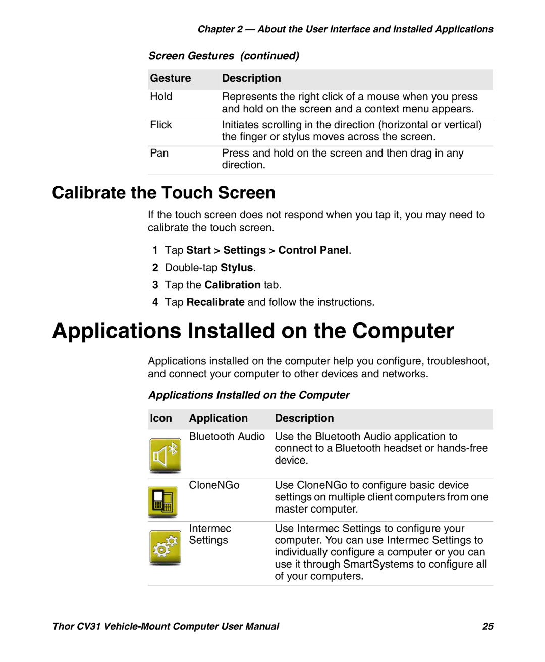 Honeywell CV31 user manual Applications Installed on the Computer, Calibrate the Touch Screen, Icon Application Description 