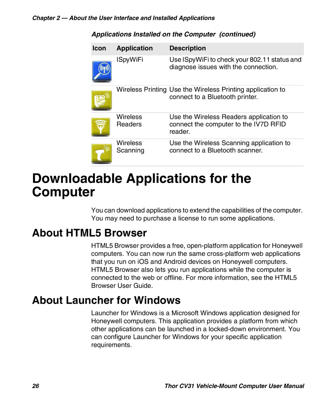 Honeywell CV31 user manual Downloadable Applications for the Computer, About HTML5 Browser, About Launcher for Windows 