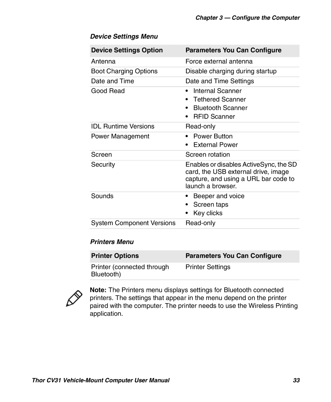 Honeywell CV31 user manual Device Settings Menu, Device Settings Option Parameters You Can Configure, Printers Menu 