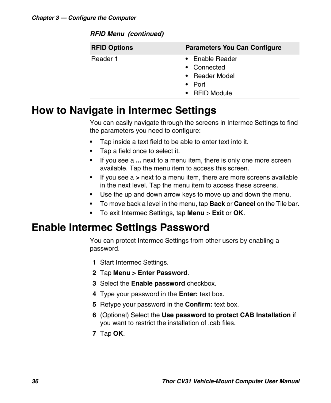 Honeywell CV31 user manual How to Navigate in Intermec Settings, Enable Intermec Settings Password, Tap Menu Enter Password 