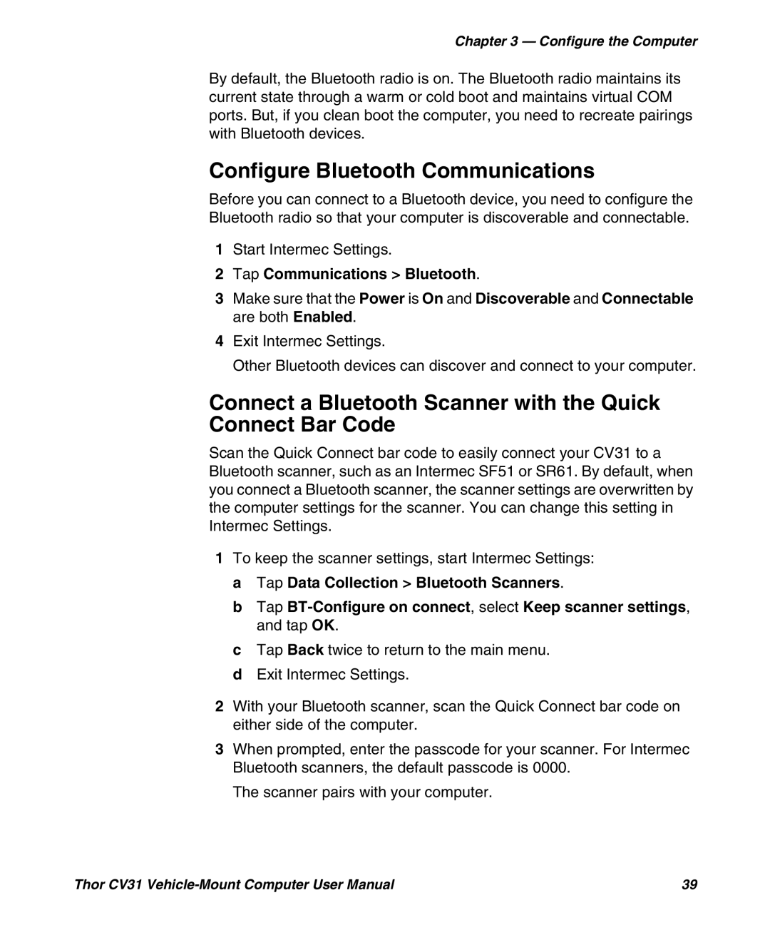 Honeywell CV31 user manual Configure Bluetooth Communications, Connect a Bluetooth Scanner with the Quick Connect Bar Code 