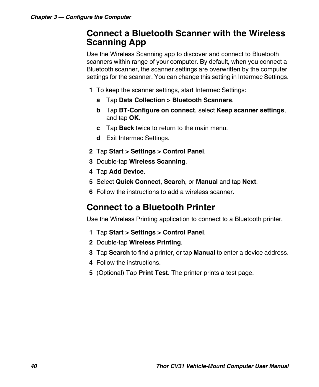 Honeywell CV31 user manual Connect a Bluetooth Scanner with the Wireless Scanning App, Connect to a Bluetooth Printer 