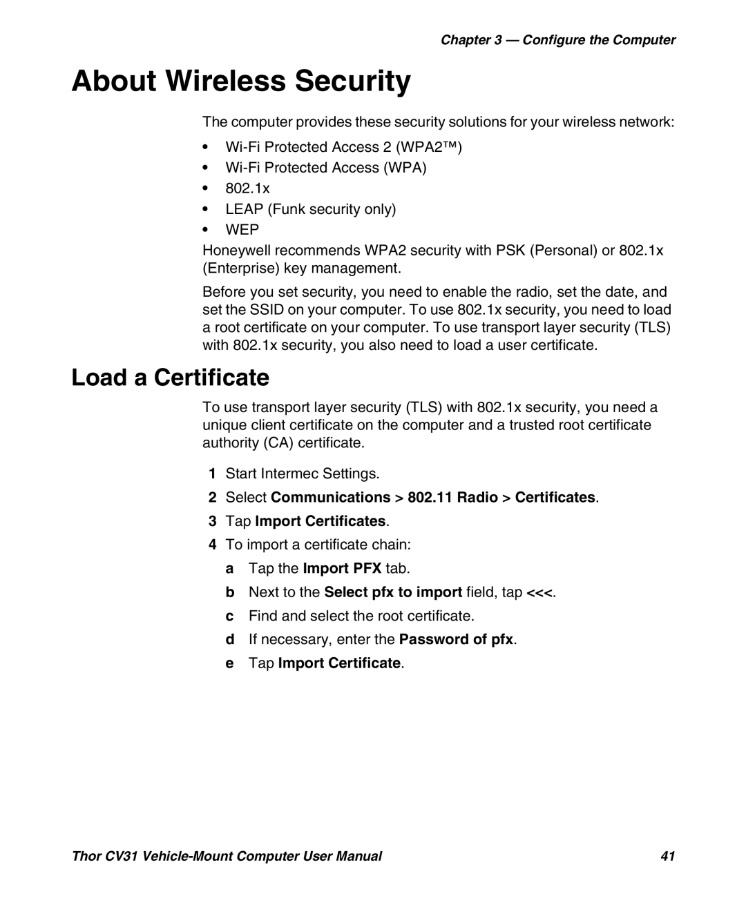 Honeywell CV31 user manual About Wireless Security, Load a Certificate, Wep 