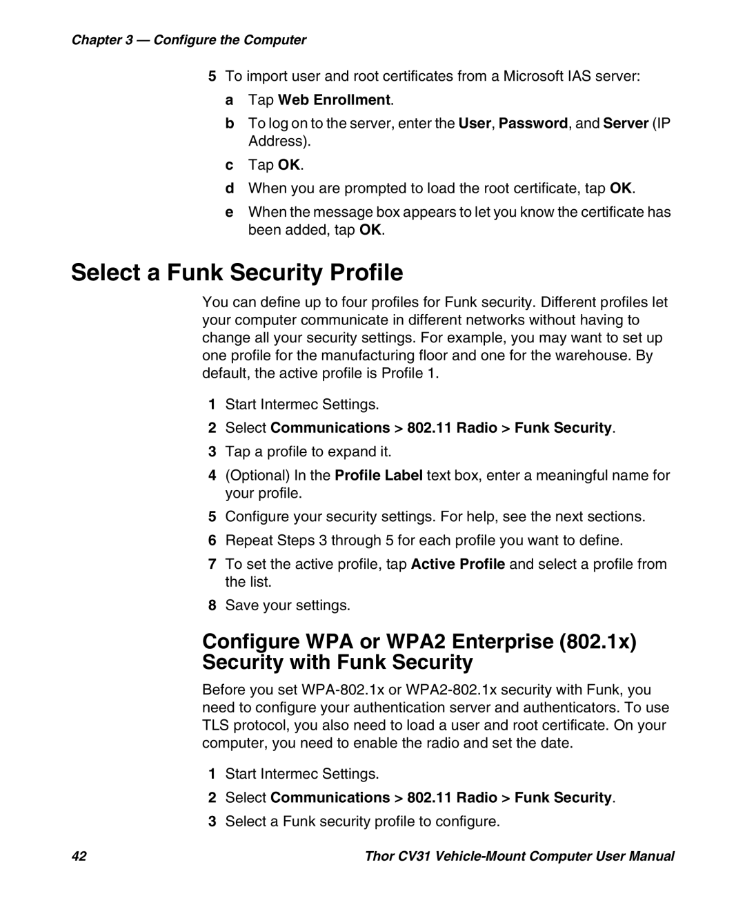 Honeywell CV31 user manual Select a Funk Security Profile, Select Communications 802.11 Radio Funk Security 