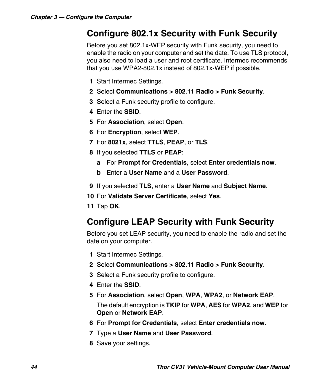 Honeywell CV31 user manual Configure 802.1x Security with Funk Security, Configure Leap Security with Funk Security 