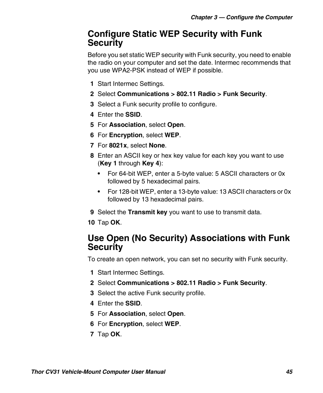 Honeywell CV31 Configure Static WEP Security with Funk Security, Use Open No Security Associations with Funk Security 