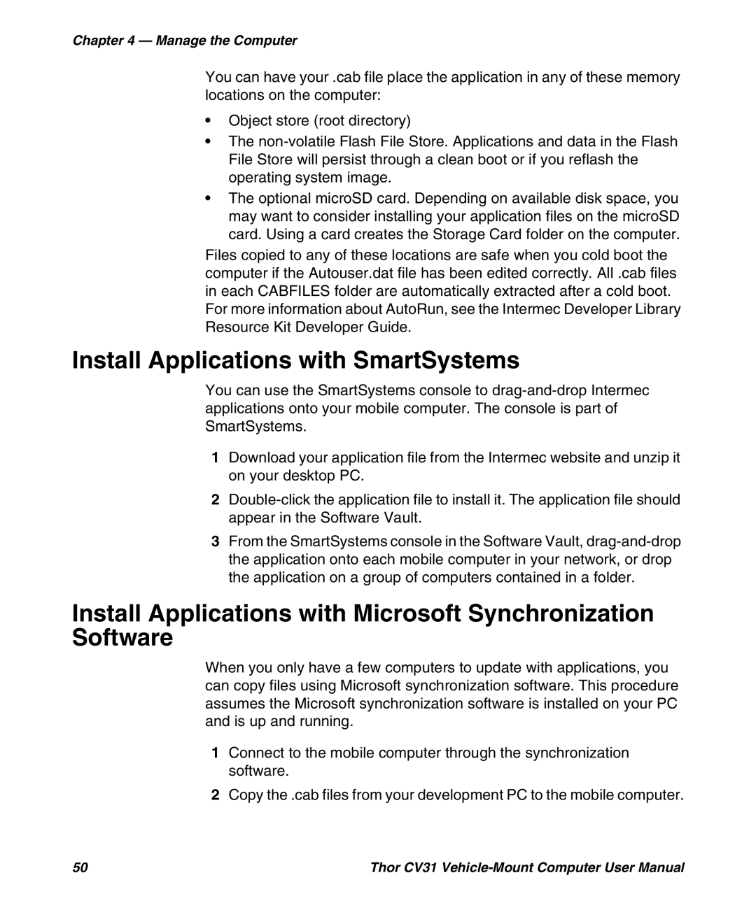 Honeywell CV31 Install Applications with SmartSystems, Install Applications with Microsoft Synchronization Software 