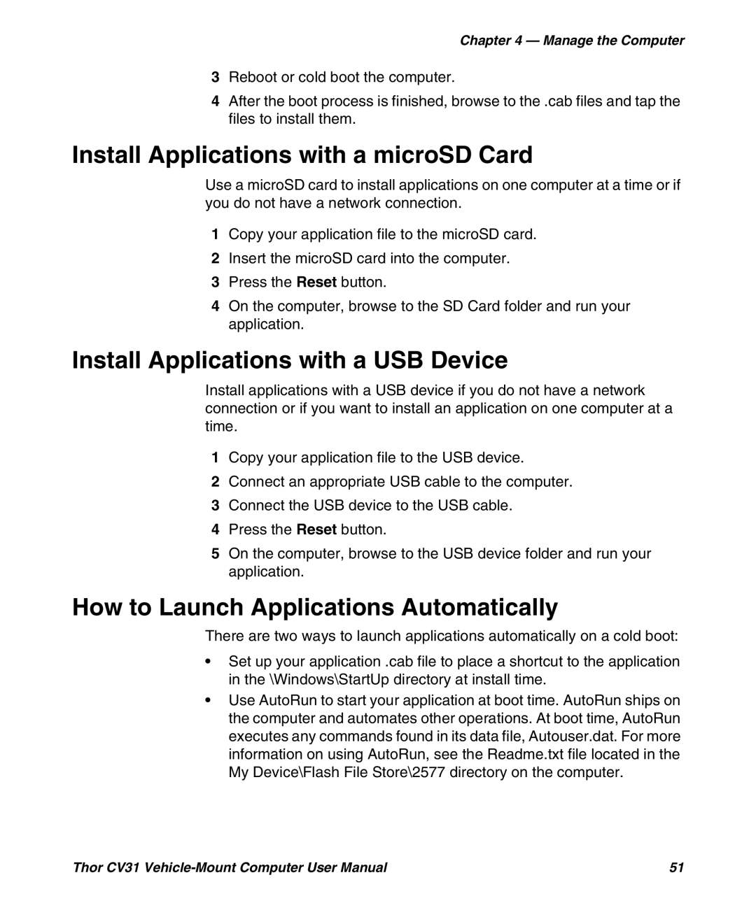 Honeywell CV31 user manual Install Applications with a microSD Card, Install Applications with a USB Device 