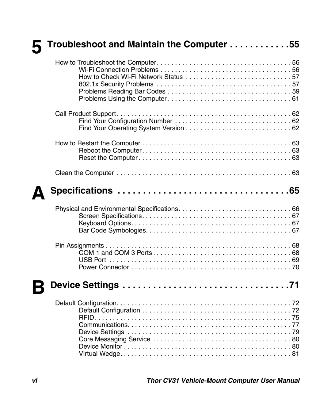 Honeywell CV31 user manual Troubleshoot and Maintain the Computer, Specifications, Device Settings 