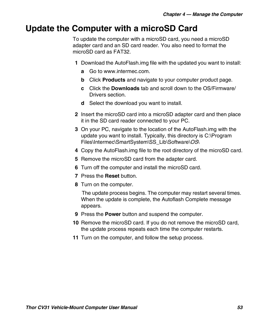 Honeywell CV31 user manual Update the Computer with a microSD Card 