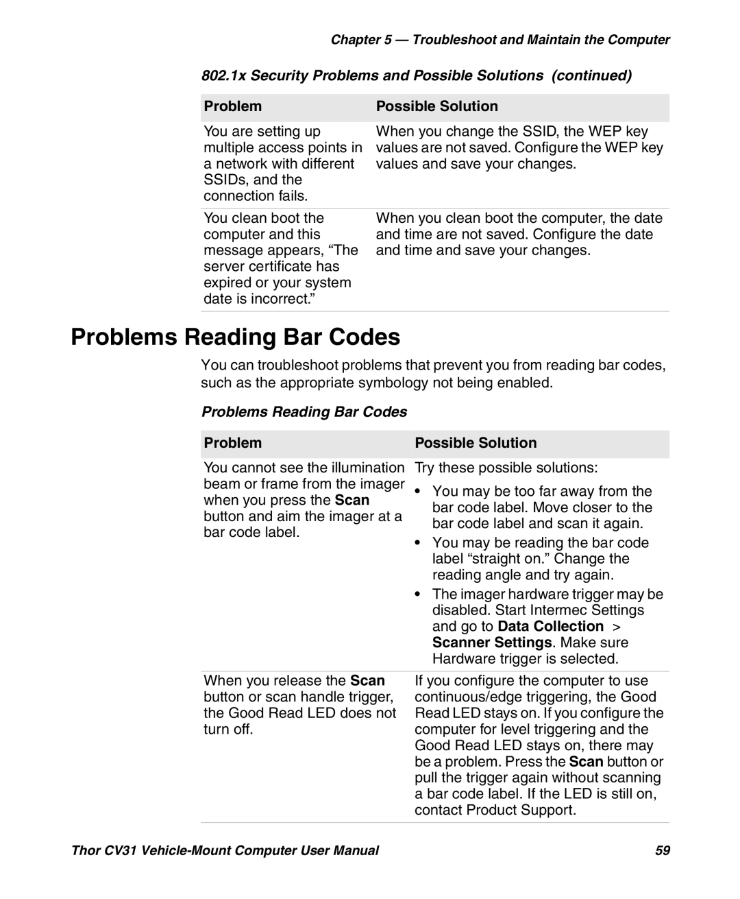 Honeywell CV31 user manual Problems Reading Bar Codes, Go to Data Collection, Scanner Settings . Make sure 