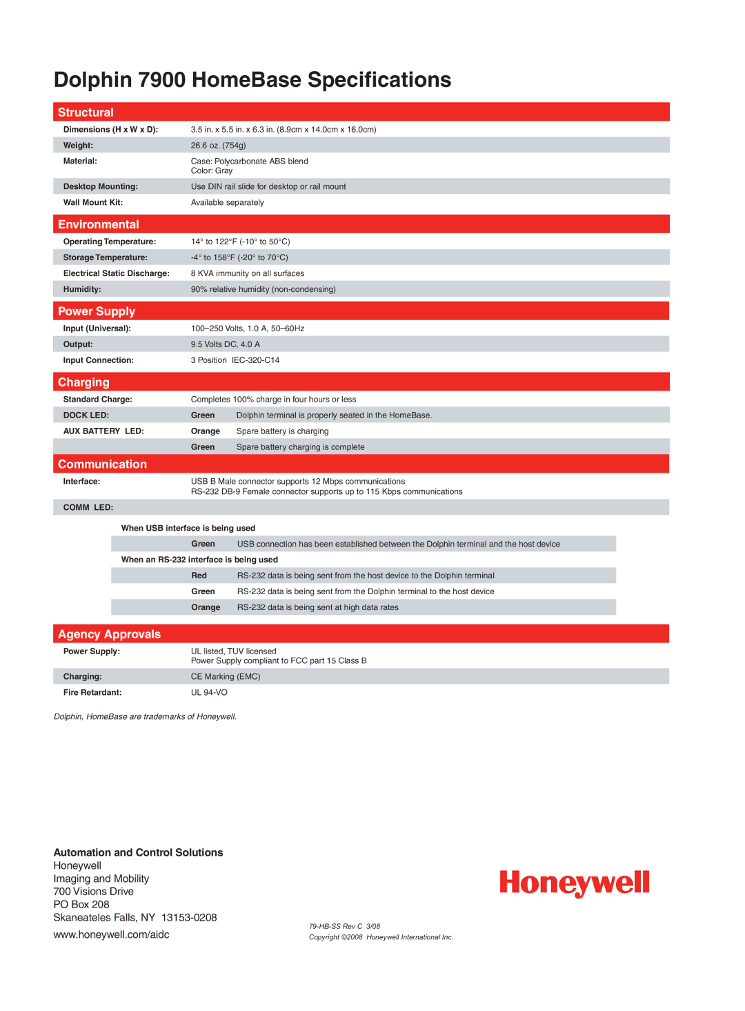 Honeywell D7900 manual Structural, Environmental, Power Supply, Charging, Communication, Agency Approvals 