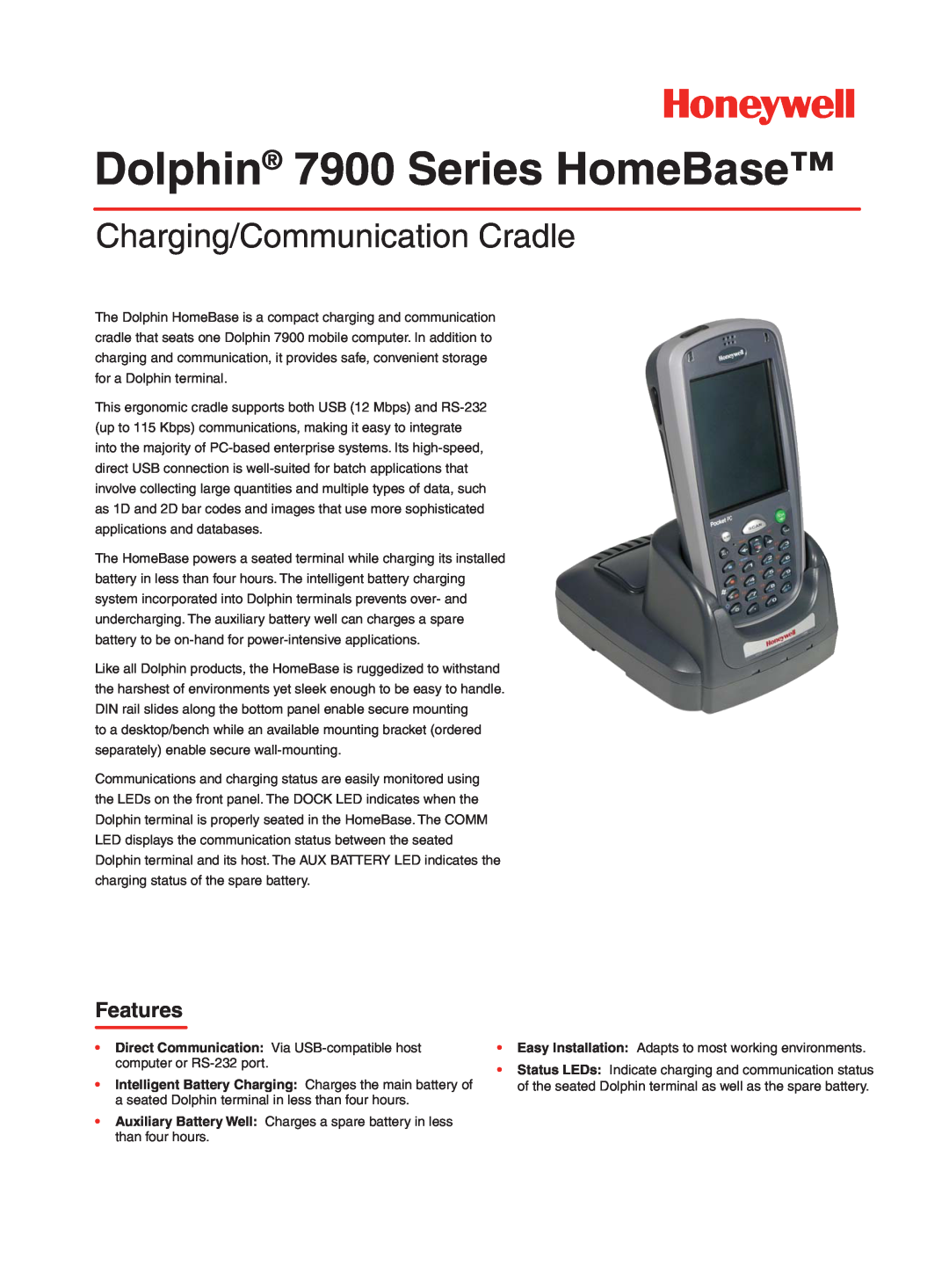 Honeywell D7900 manual Dolphin 7900 Series HomeBase, Charging/Communication Cradle, Features 