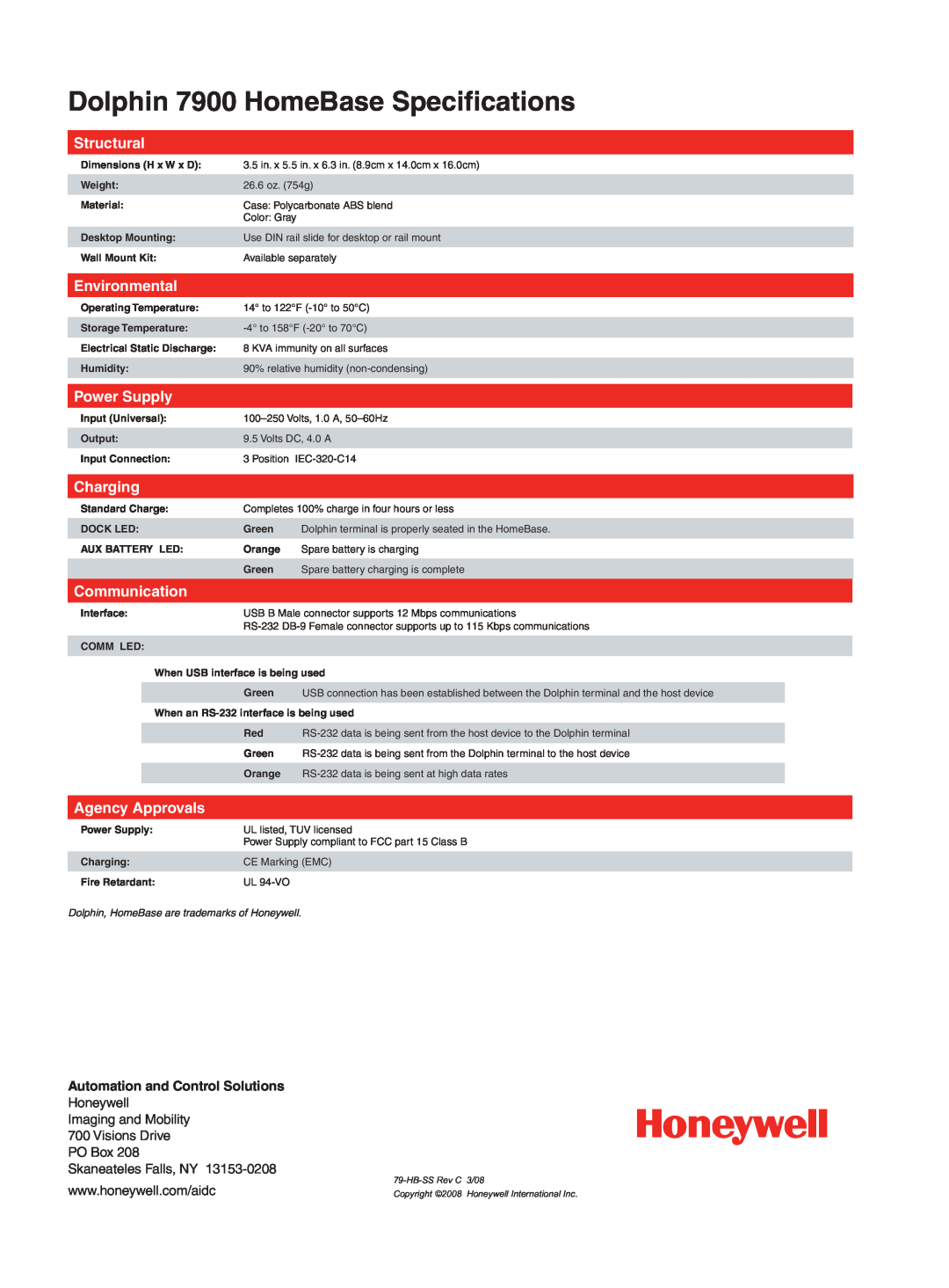 Honeywell D7900 Automation and Control Solutions, Dolphin 7900 HomeBase Speciﬁcations, Structural, Environmental, Charging 