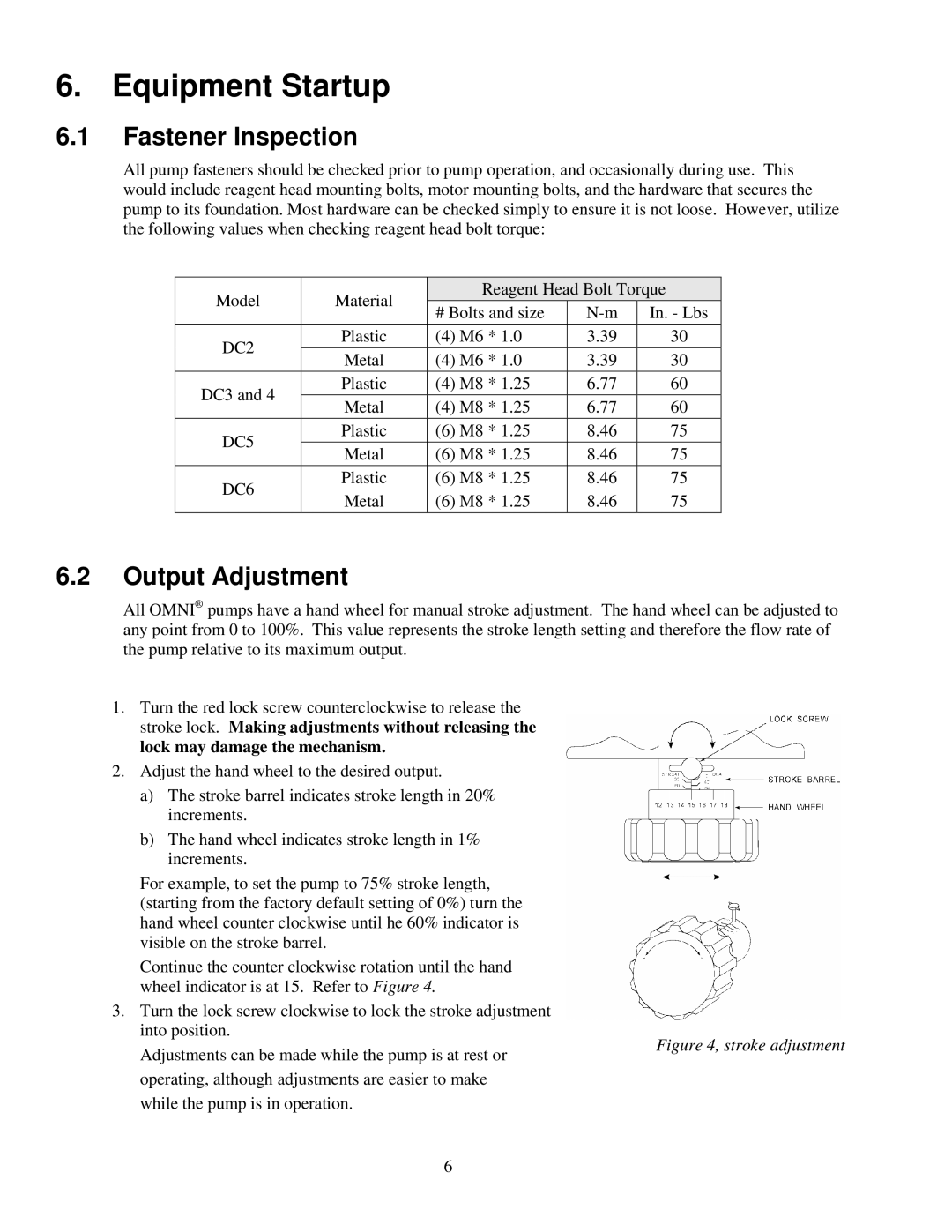 Honeywell DC2, DC6, DC3, DC4, DC5 manual Equipment Startup, Fastener Inspection, Output Adjustment 