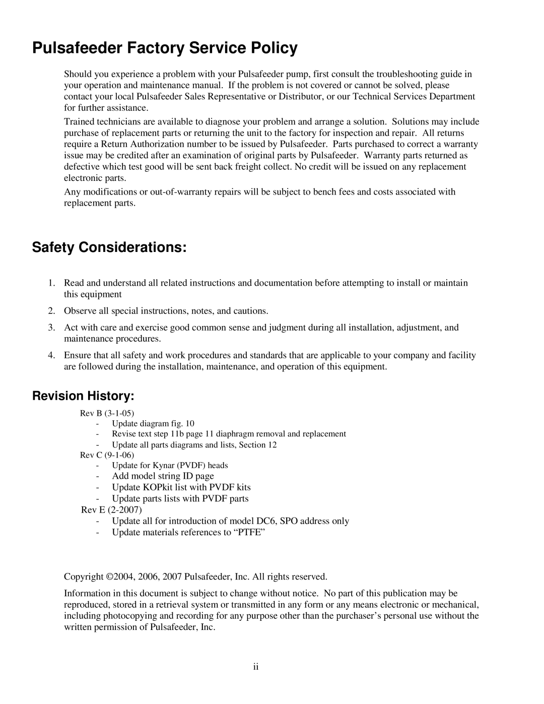 Honeywell DC3, DC2, DC6, DC4, DC5 manual Pulsafeeder Factory Service Policy, Safety Considerations 