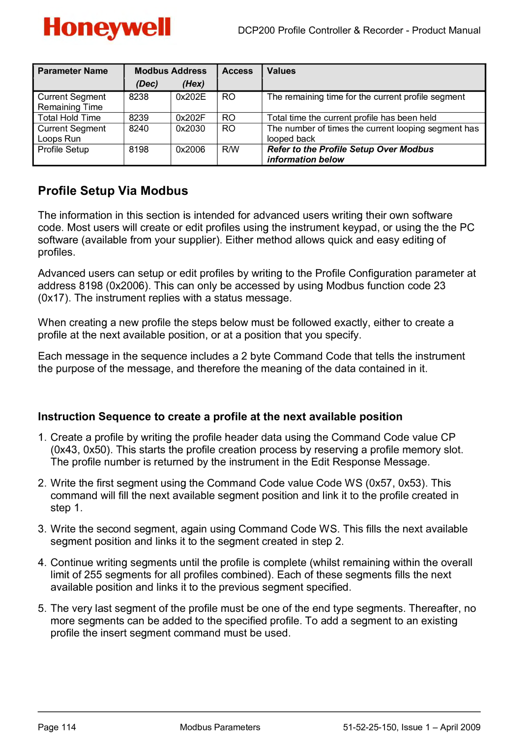 Honeywell DCP200 manual Profile Setup Via Modbus 