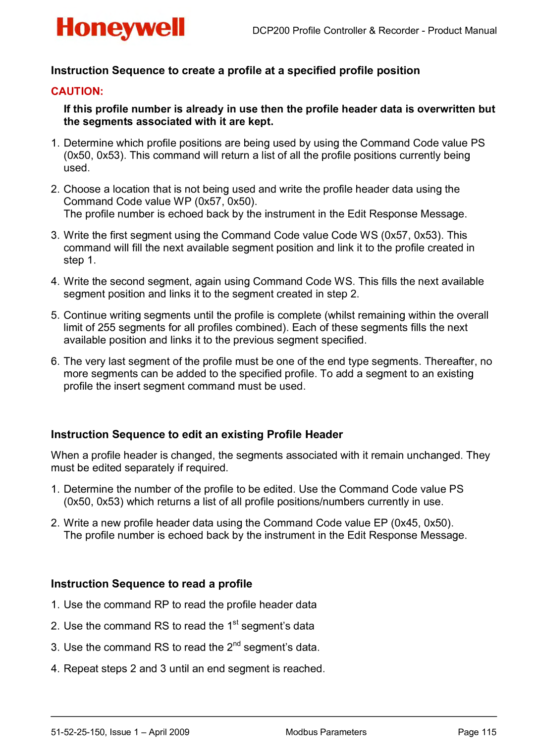 Honeywell DCP200 manual Instruction Sequence to edit an existing Profile Header, Instruction Sequence to read a profile 