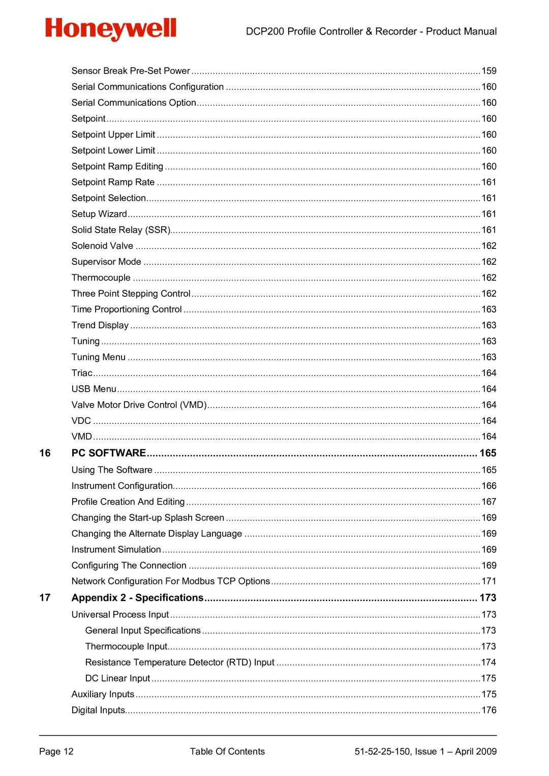 Honeywell DCP200 manual 165, Appendix 2 Specifications 173 