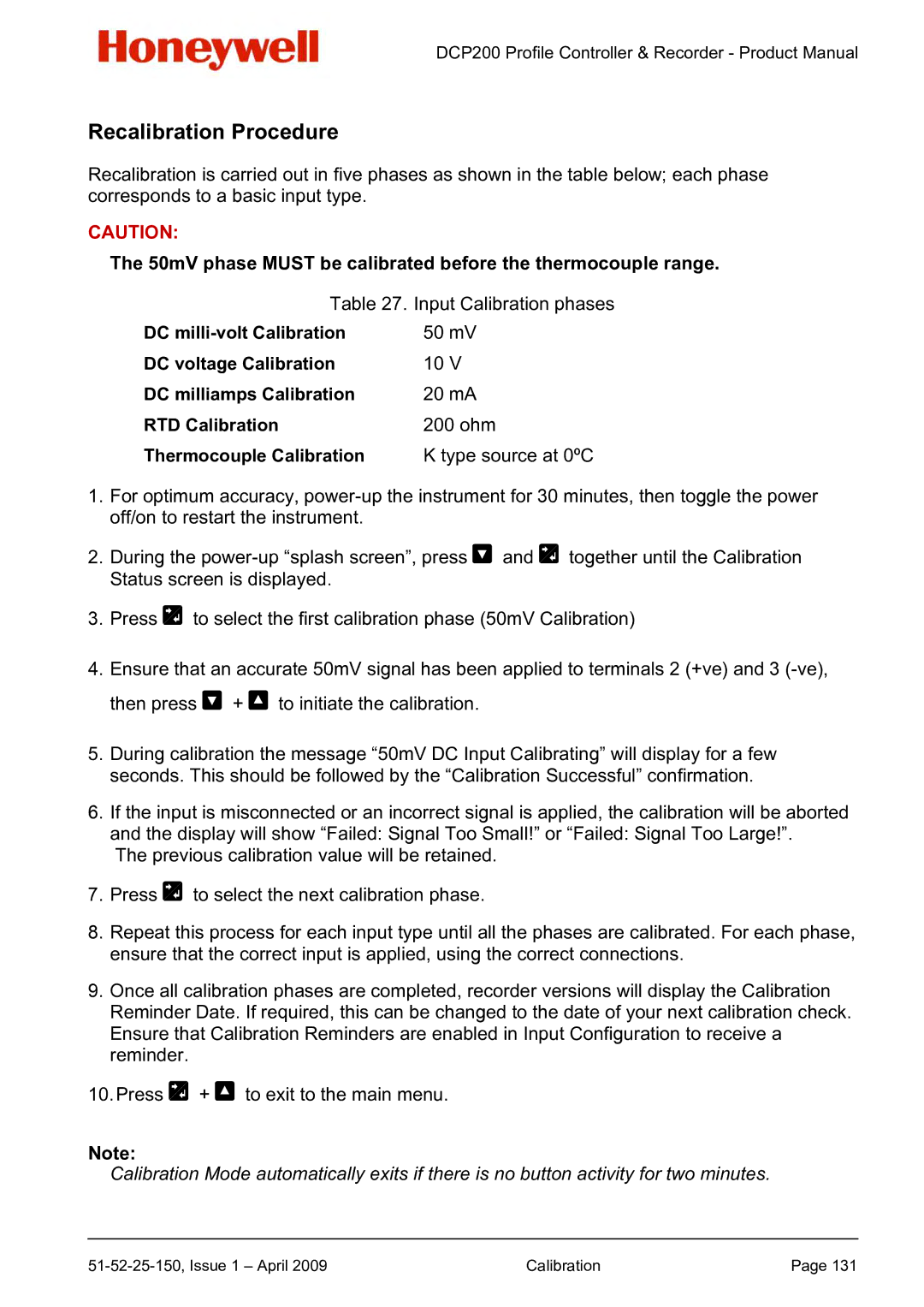 Honeywell DCP200 manual Recalibration Procedure 