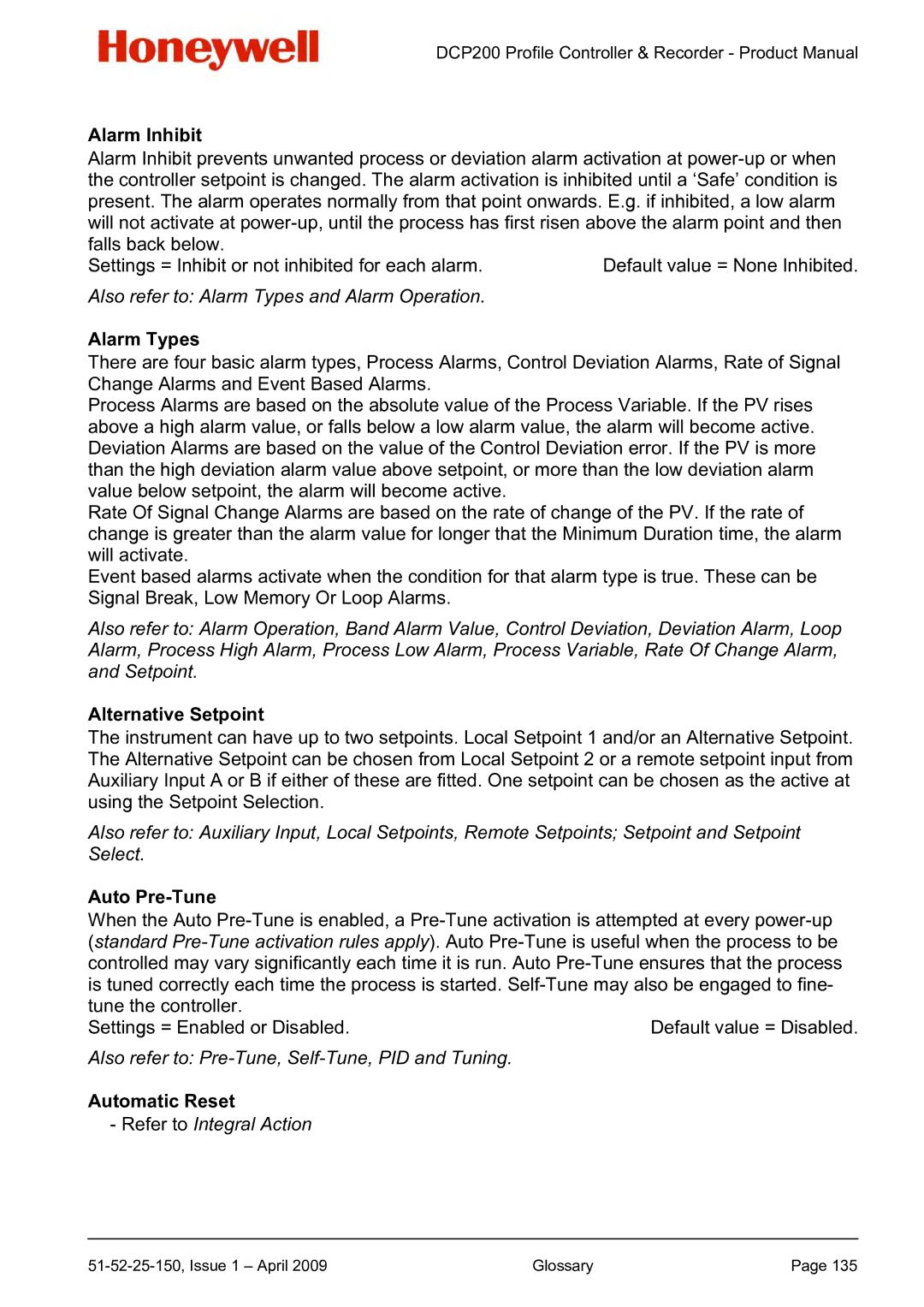 Honeywell DCP200 manual Alarm Inhibit, Alarm Types, Alternative Setpoint, Auto Pre-Tune, Automatic Reset 