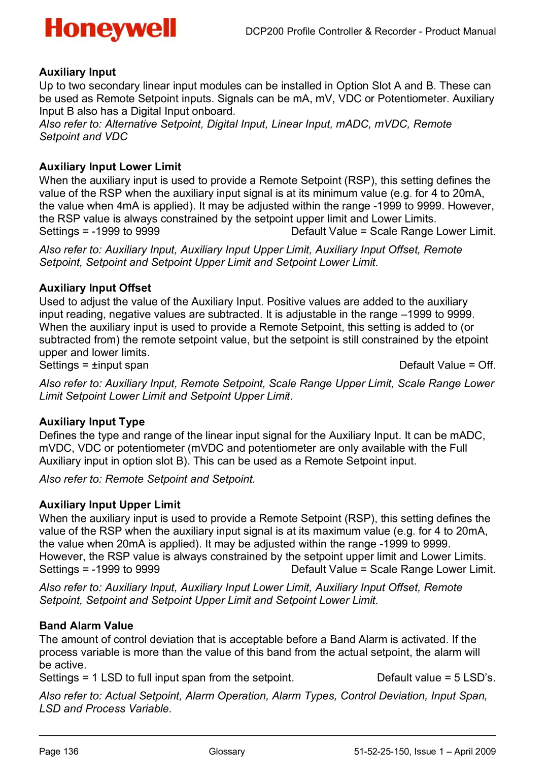 Honeywell DCP200 manual Auxiliary Input Lower Limit, Auxiliary Input Offset, Auxiliary Input Type, Band Alarm Value 