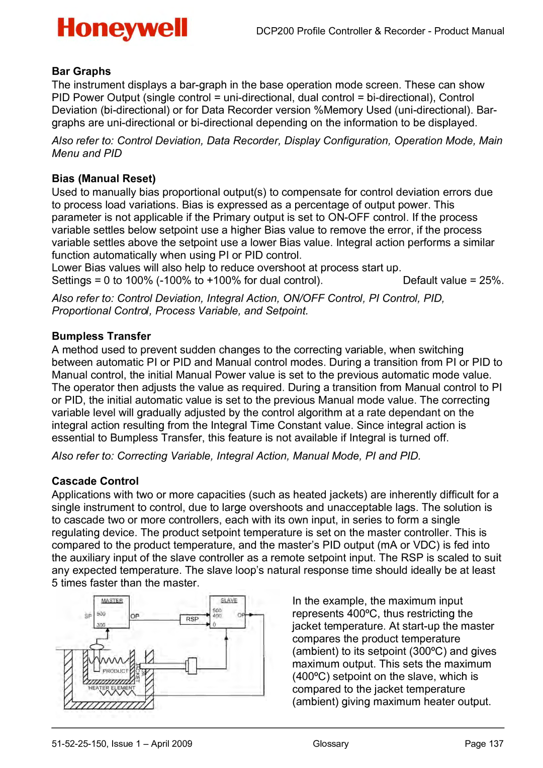 Honeywell DCP200 manual Bar Graphs, Bias Manual Reset, Bumpless Transfer, Cascade Control 