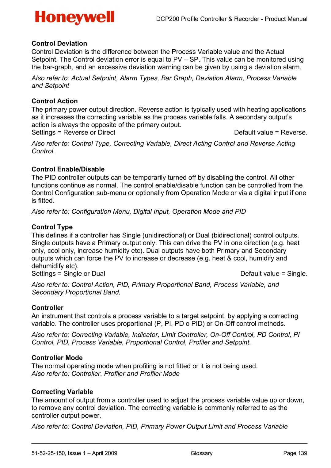 Honeywell DCP200 manual Control Deviation, Control Action, Control Enable/Disable, Control Type, Controller Mode 