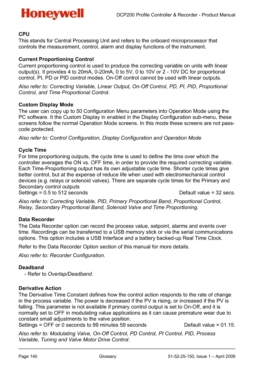 Honeywell DCP200 manual Current Proportioning Control, Custom Display Mode, Cycle Time, Data Recorder, Deadband 