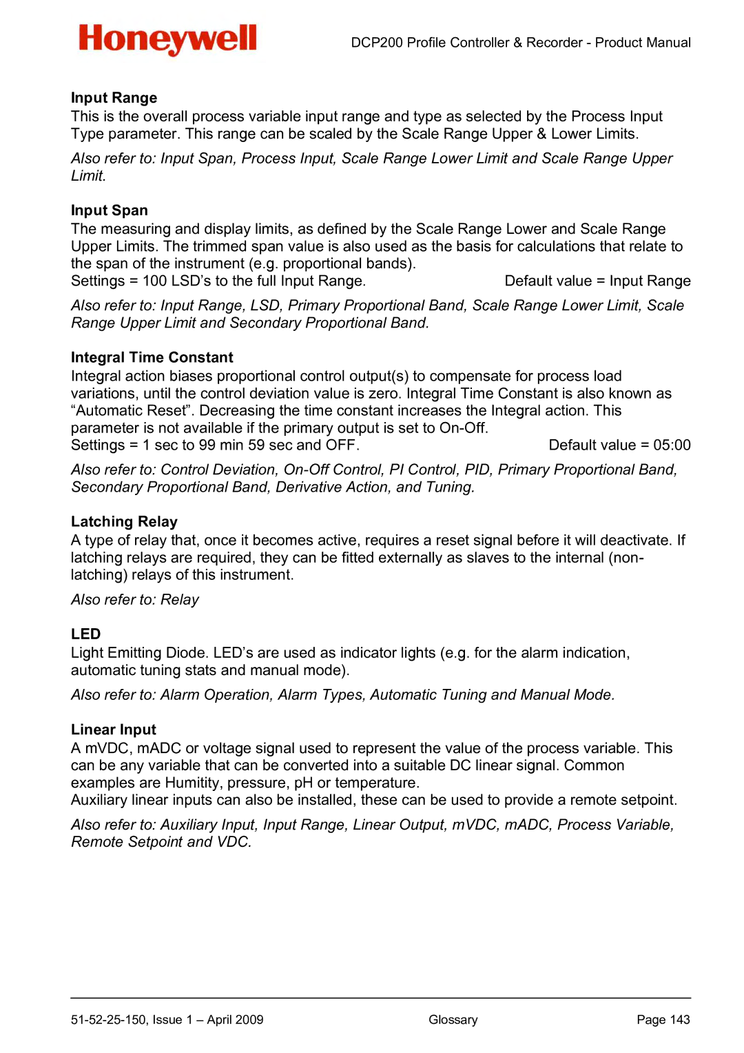 Honeywell DCP200 manual Input Range, Integral Time Constant, Latching Relay, Linear Input 