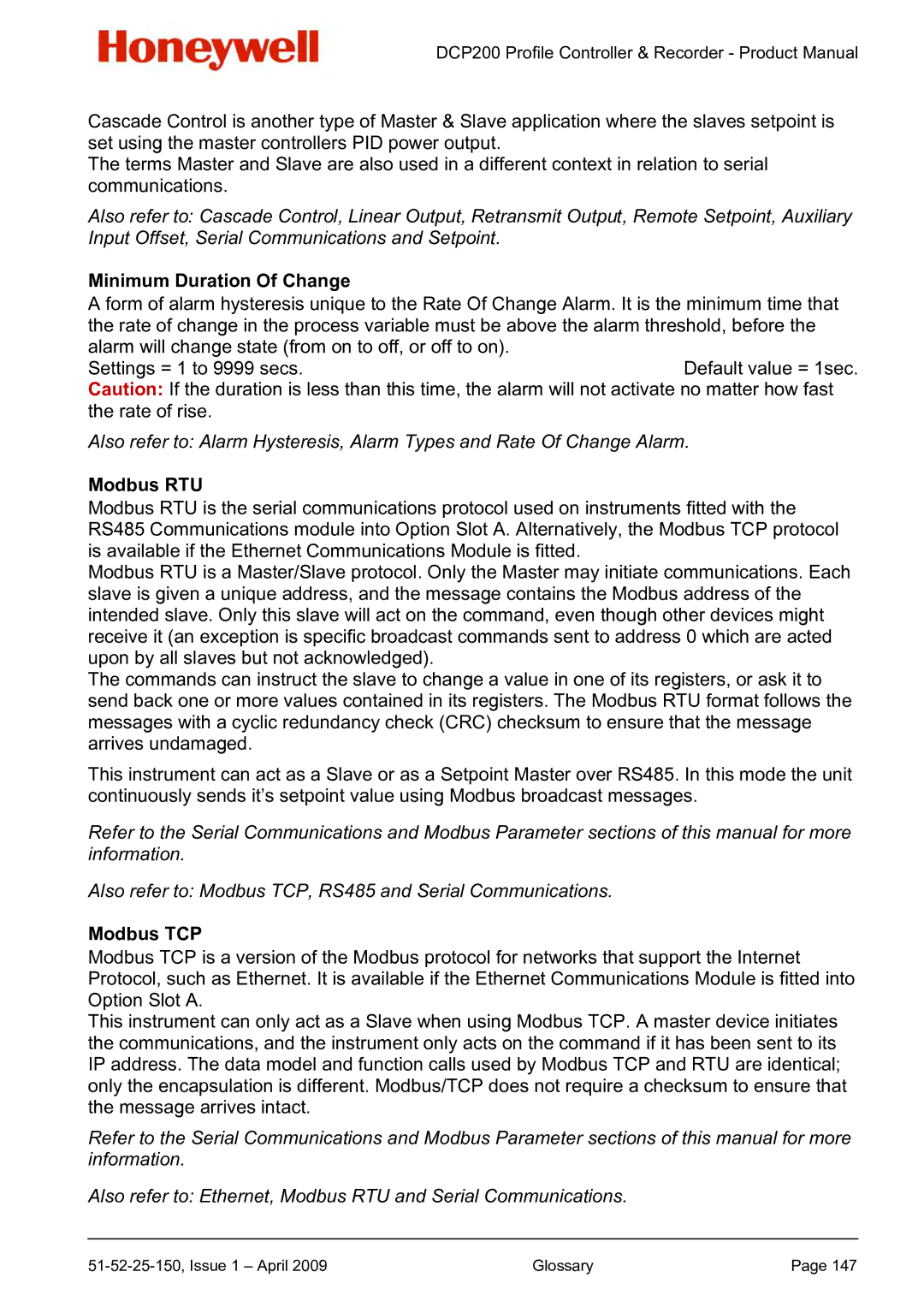 Honeywell DCP200 manual Minimum Duration Of Change, Modbus RTU, Modbus TCP 