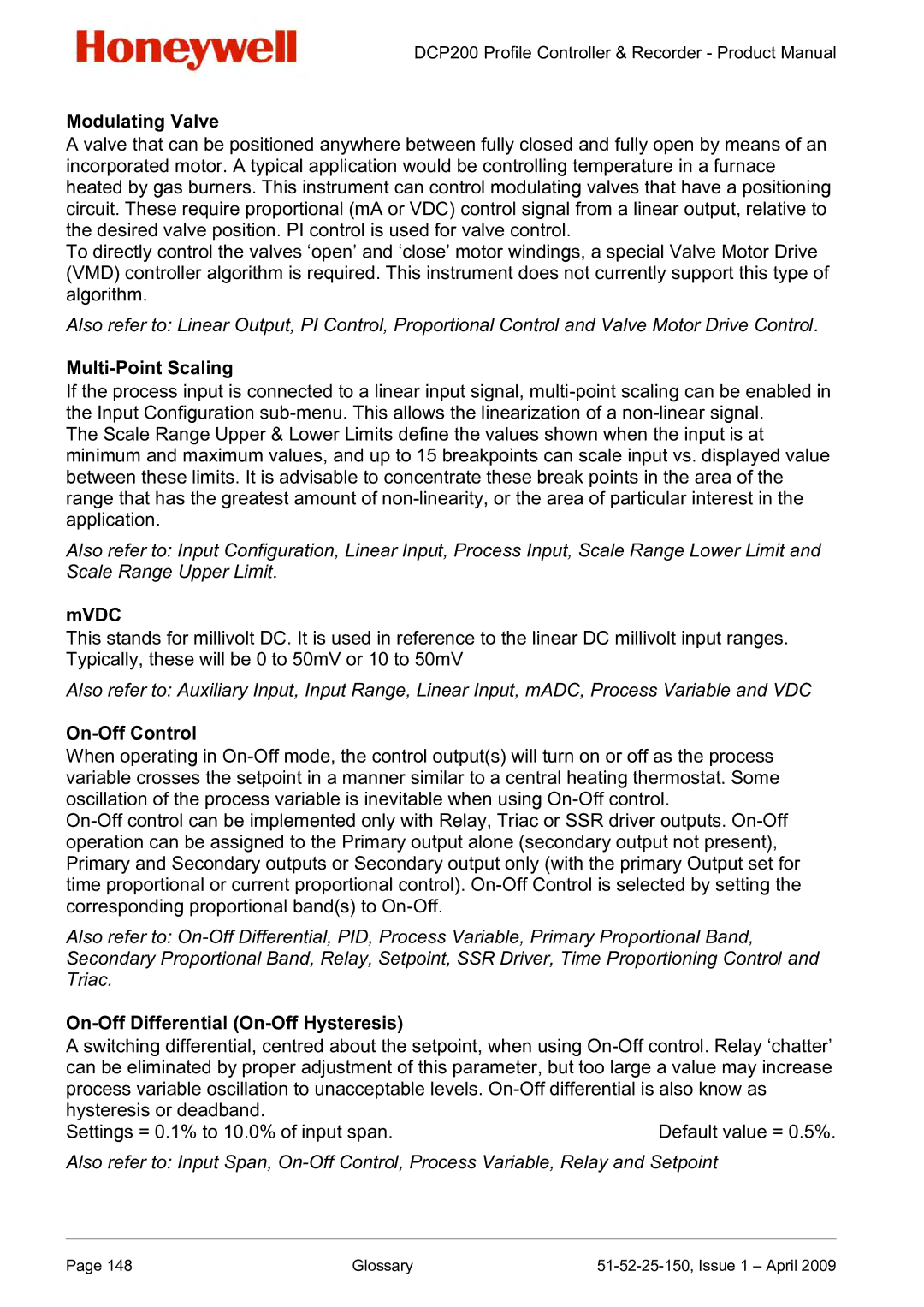 Honeywell DCP200 manual Modulating Valve, Multi-Point Scaling, Mvdc, On-Off Control, On-Off Differential On-Off Hysteresis 